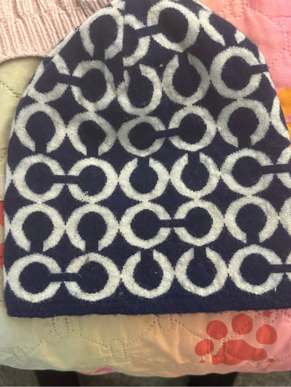 Coach Navy and White Logo Beanie
